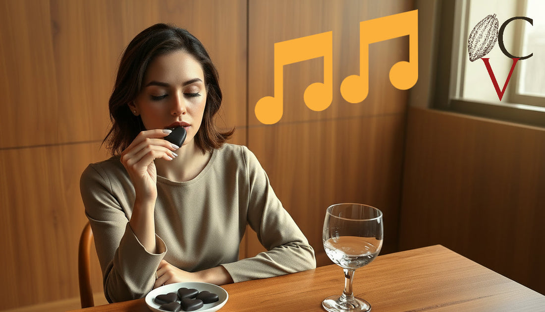 Picture of a woman sitting and enjoying a piece of chocolate with her eyes closed.
