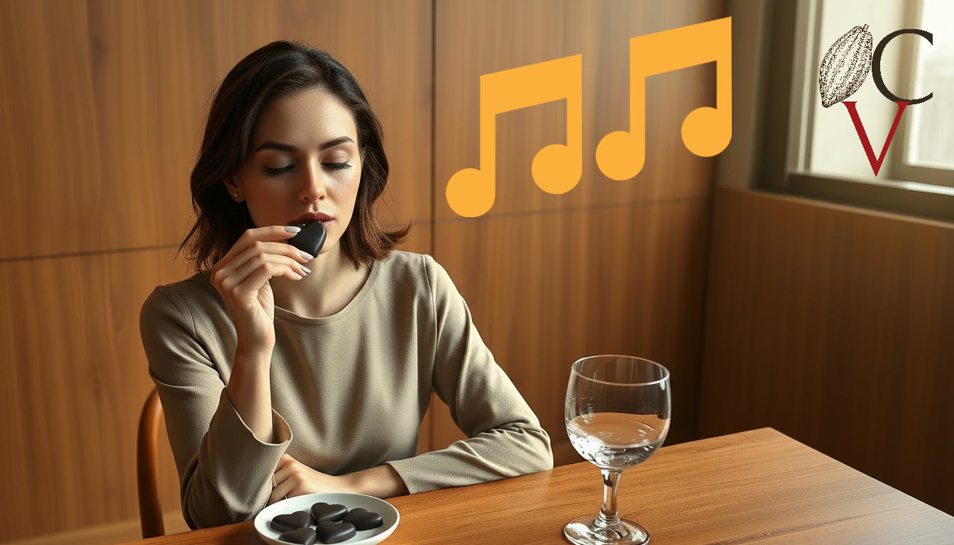 Picture of a woman sitting and enjoying a piece of chocolate with her eyes closed.