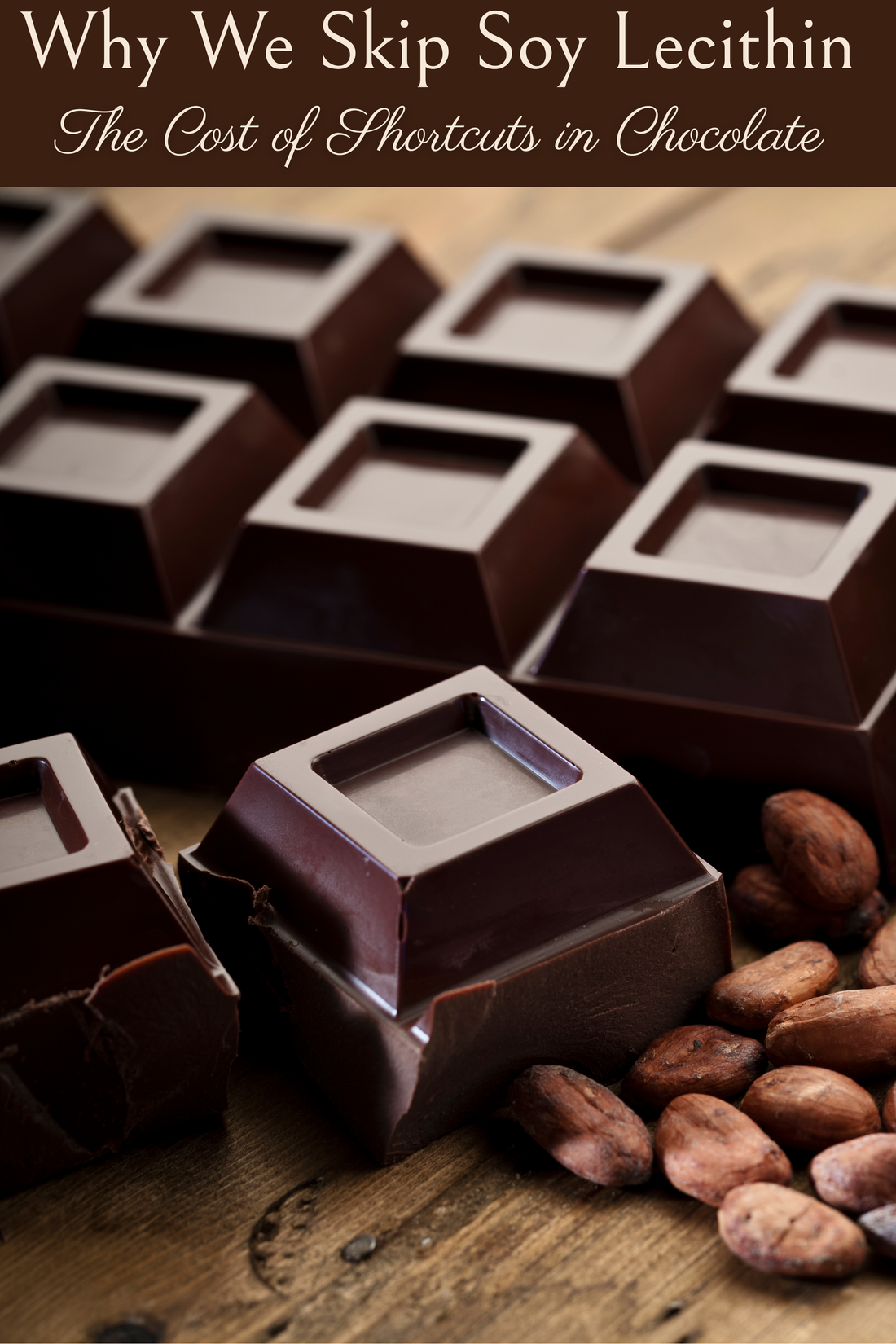 A close up picture of a dark chocolate bar with cacao beans underneath. Writing on the top of the image says "Why We Skip Soy Lecithin"