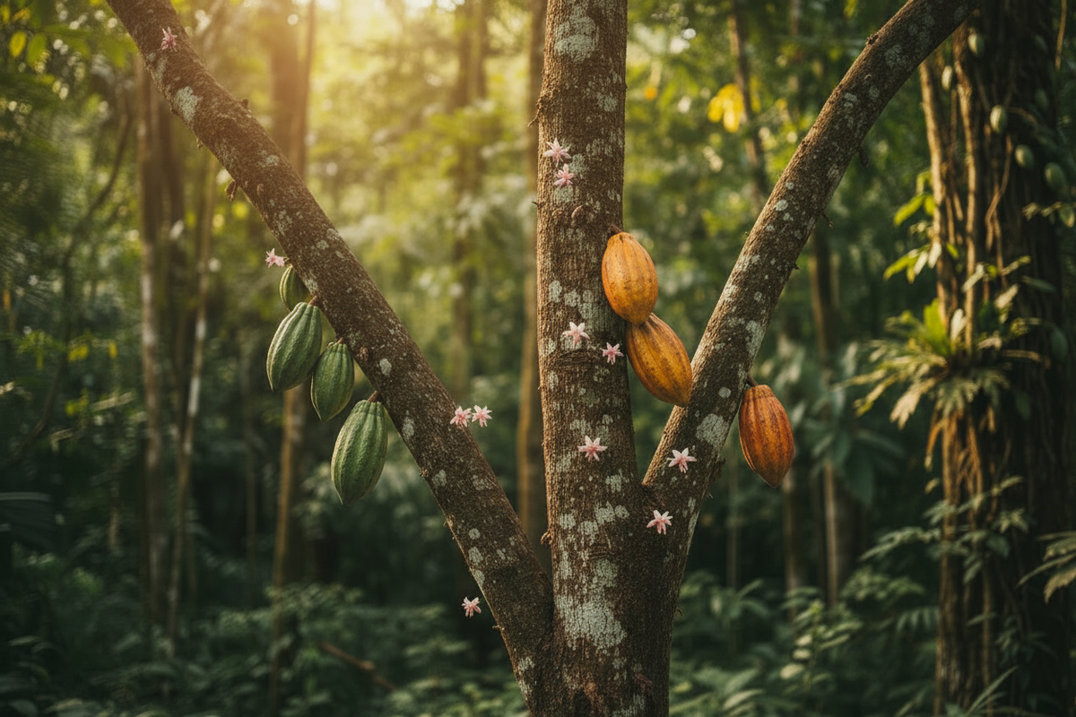 A cacao tree trunk showing cacao pods at different stages of ripeness alongside clusters of small delicate cacao flowers, growing directly from the bark in a tropical rainforest.