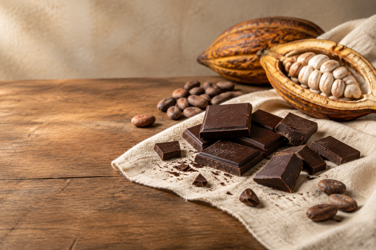 Dark chocolate pieces and cacao beans on cream linen atop a wooden table, with whole and opened cacao pods in the background.