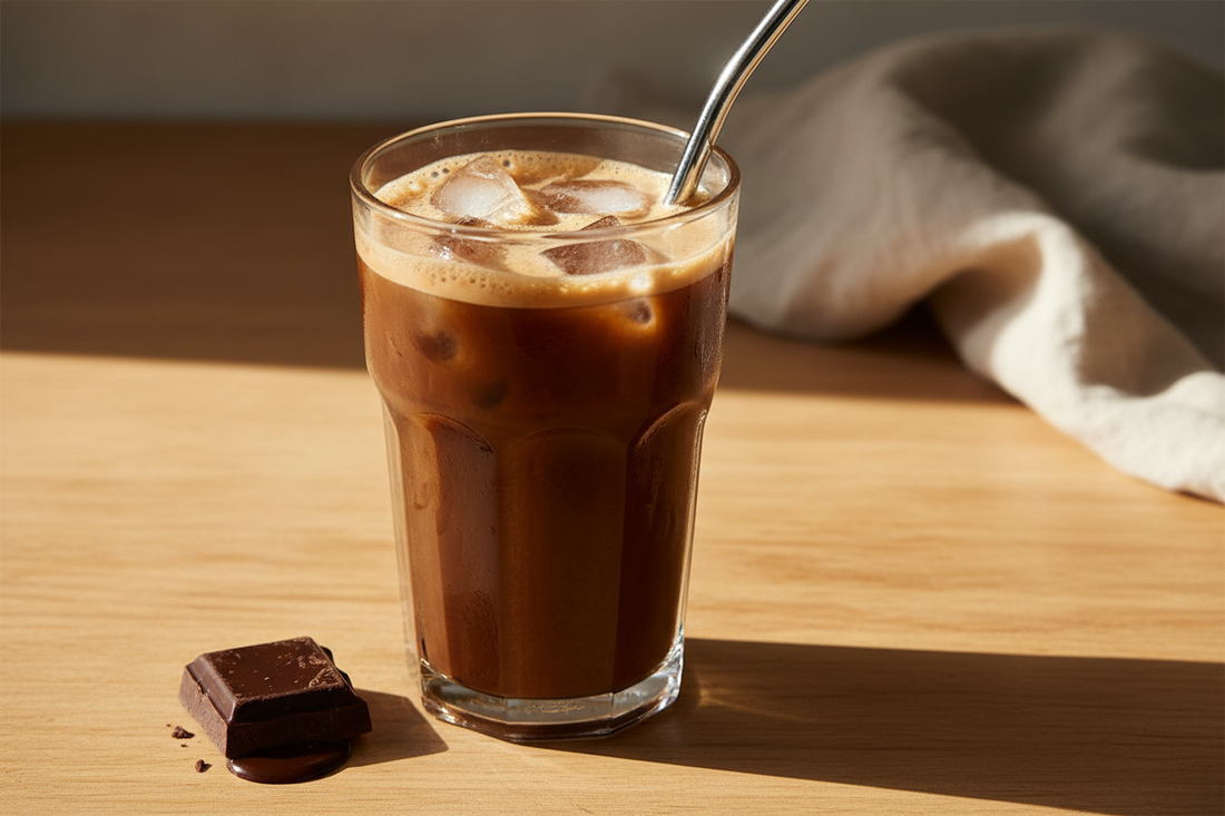 A tall glass of iced cacao drink with dark brown frothy liquid poured over ice and a reusable straw, with a piece of dark chocolate resting beside it on a warm linen surface in natural summer light.