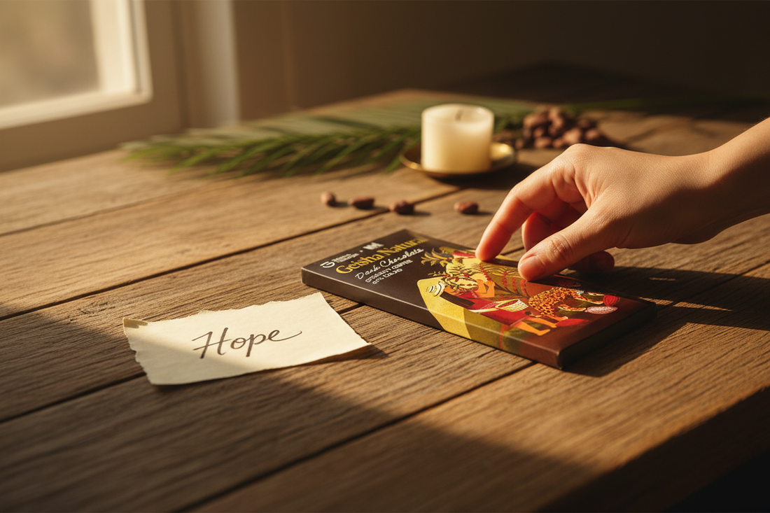 A Nome 65% Chocolate bar on a table, with a handwritten note beside is saying "Hope"