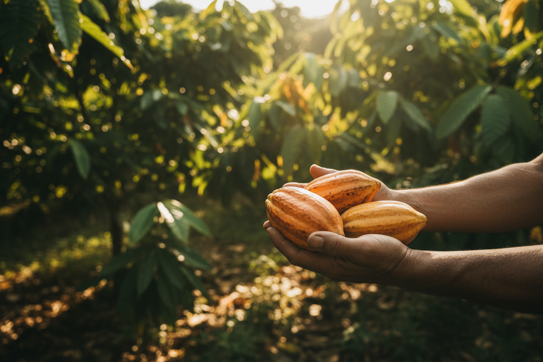 a farmer's hands holding cacao pods, warm natural light, lush farm setting