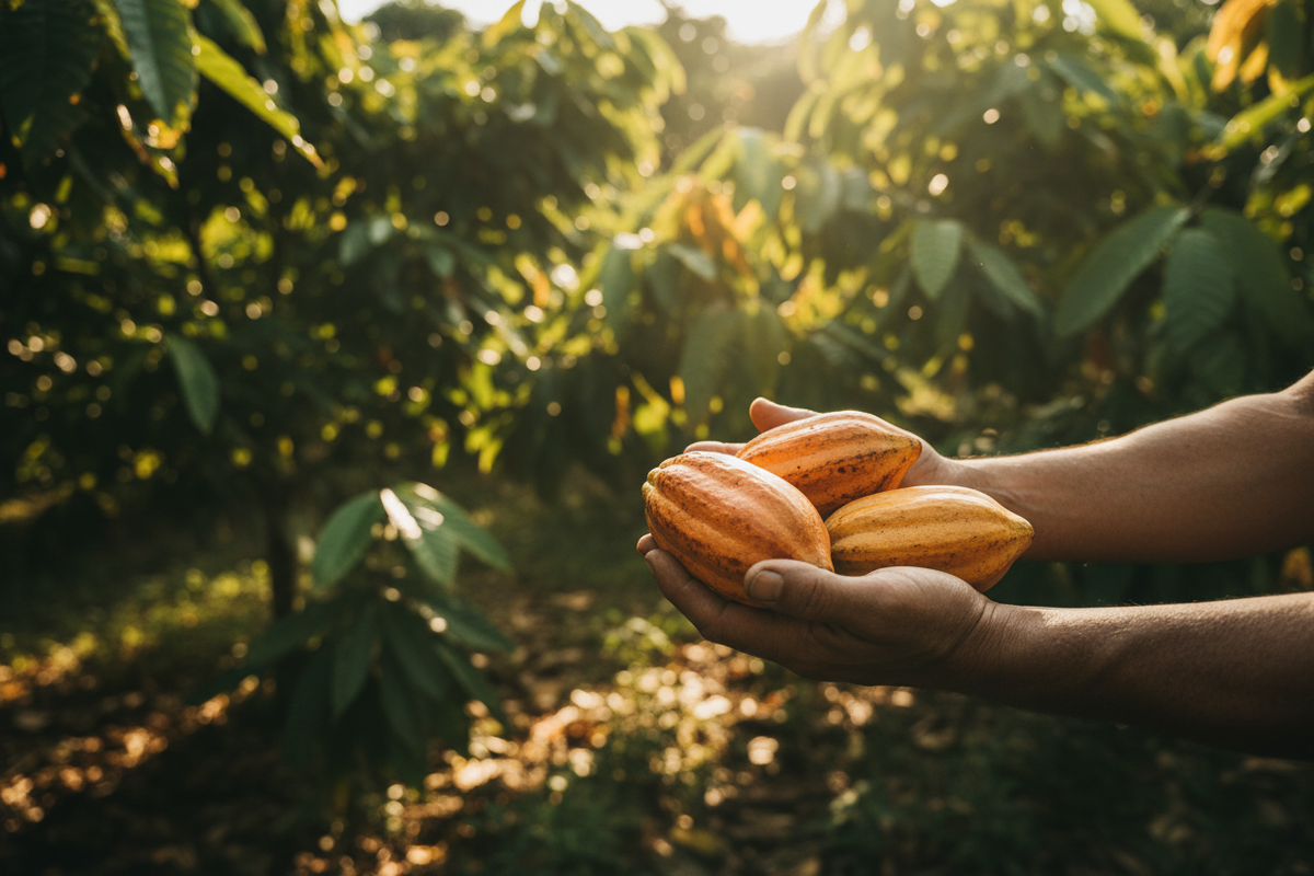 a farmer's hands holding cacao pods, warm natural light, lush farm setting