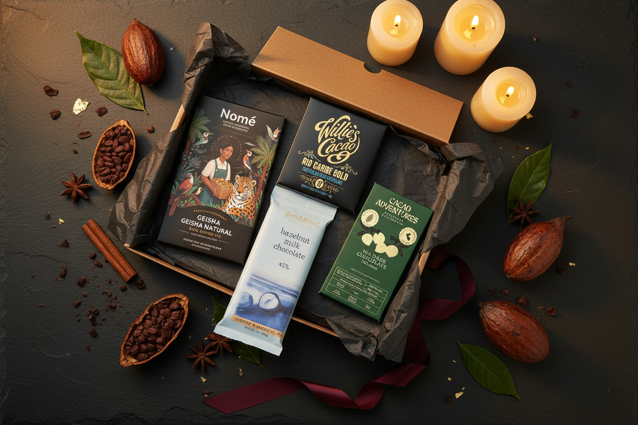 Four craft chocolate bars from Nomé, Willie's Cacao, French Broad Chocolate, and Cacao Adventures nestled in an open kraft gift box with dark tissue paper — curated chocolate bundles from Cacao Voyage.