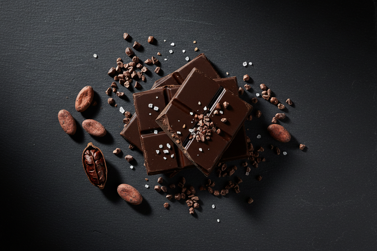 A snapped high-cacao bar revealing its rich dark interior, scattered cacao nibs, whole cacao beans, and a touch of sea salt on a dark slate surface
