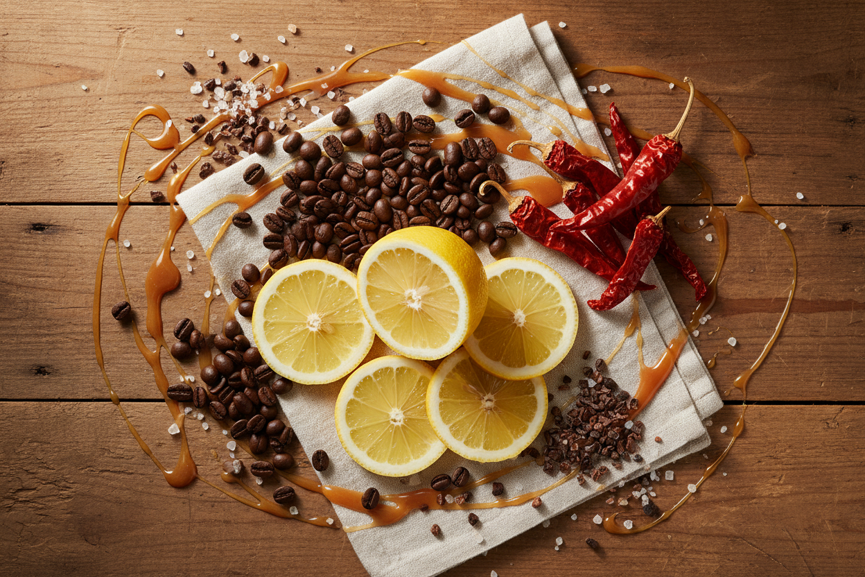 A picture of the flavor components of flavored chocolate including  lemons, coffee beans, chili peppers, cacao nibs, sea salt, and caramel.