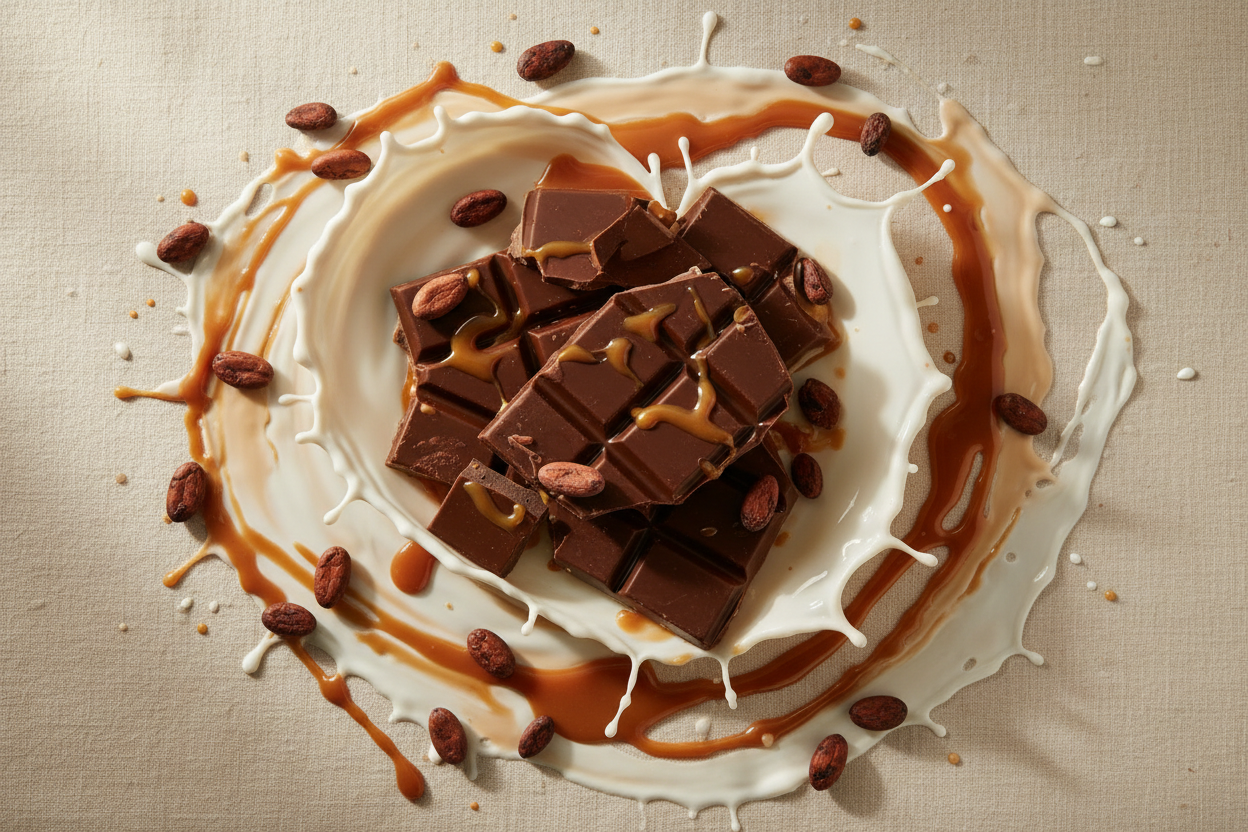 Features broken artisan milk chocolate pieces, creamy milk splashes, and cacao beans on a warm ivory linen surface