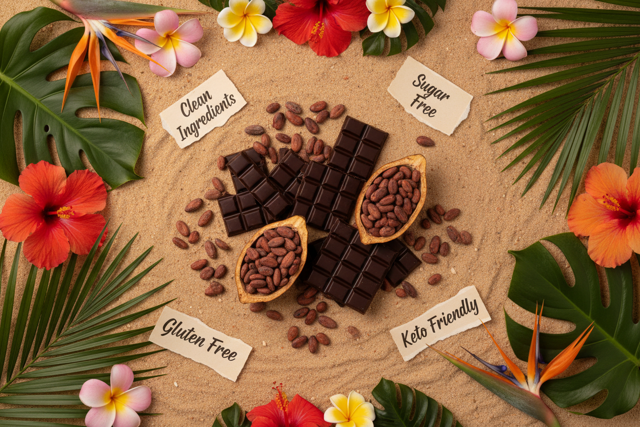 Artisan sugar-free dark chocolate bars arranged on sand with Hawaiian tropical florals, labeled clean ingredients, gluten free, sugar free, and keto friendly