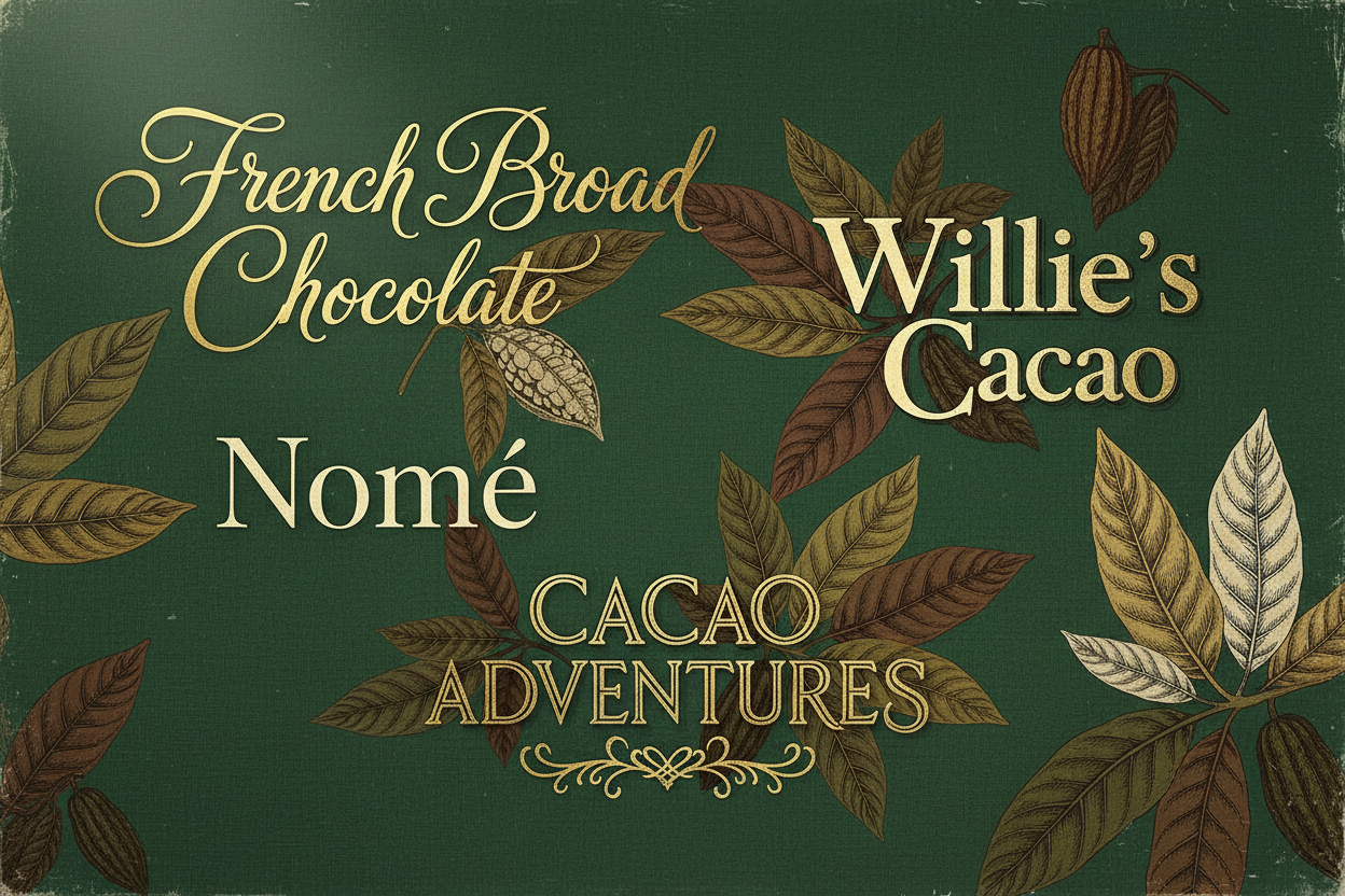 Variation 2 - Forest Four artisan chocolate makers — French Broad Chocolate, Nomé, Willie's Cacao, and Cacao Adventures — displayed in gold and cream typography on a deep green botanical background with cacao leaf illustrations.