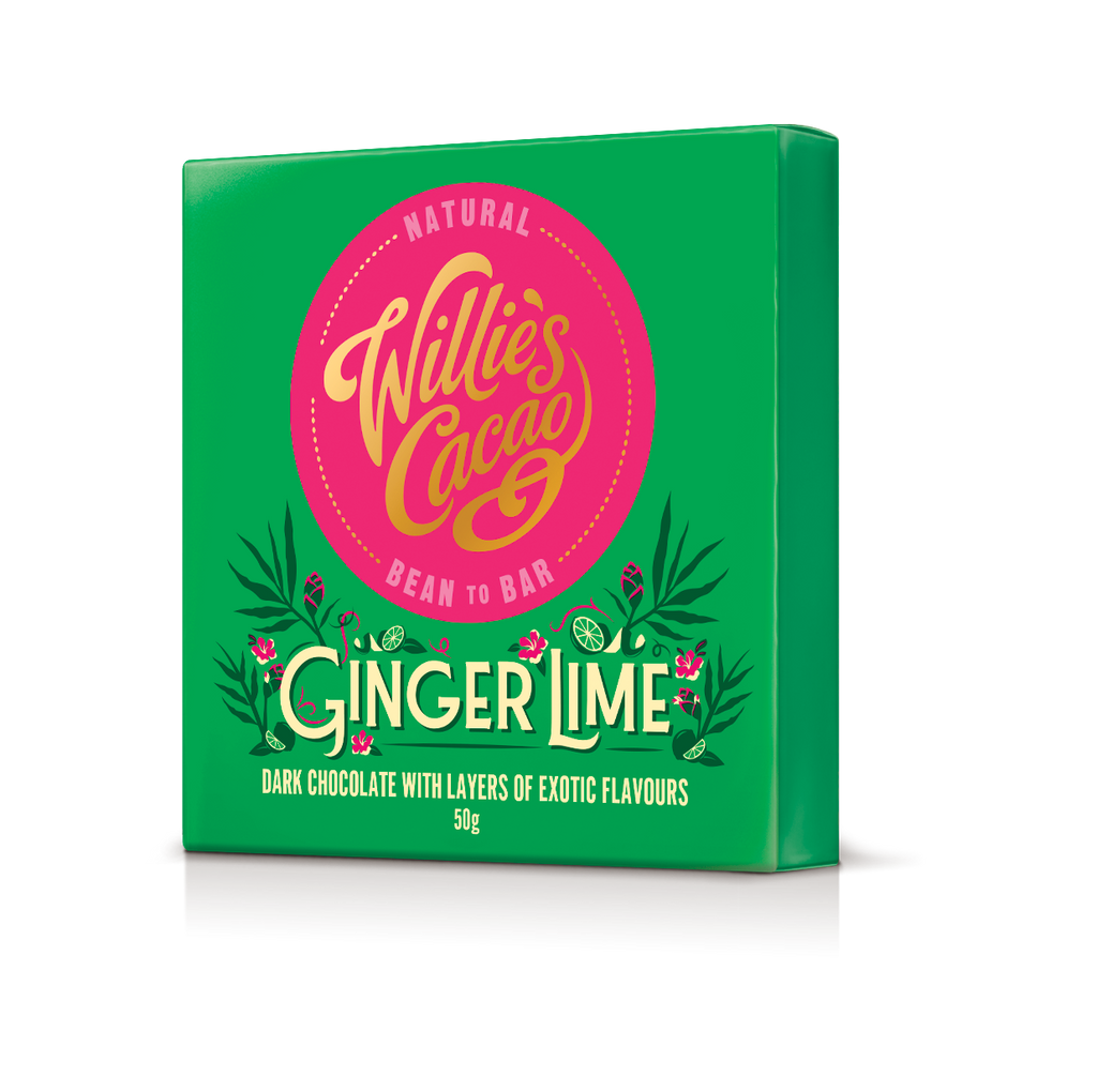 Willie's Cacao Ginger Lime chocolate packaging on a white background