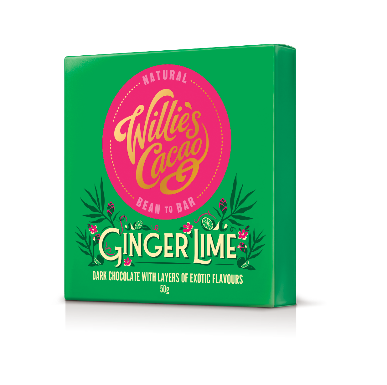 Willie's Cacao Ginger Lime chocolate packaging on a white background