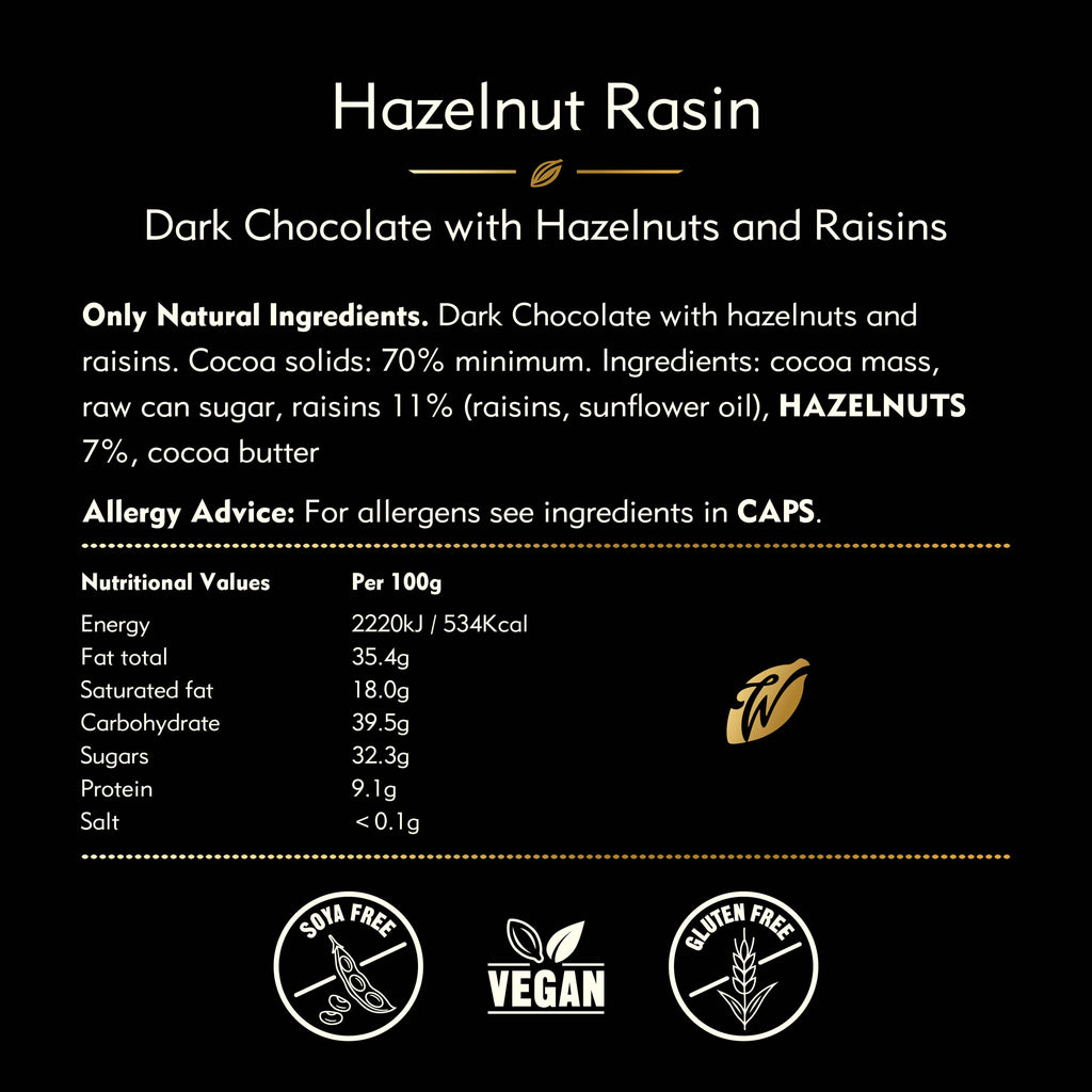 Nutritional information and ingredient list for dark chocolate with hazelnuts and raisins on a black background.