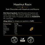 Nutritional information and ingredient list for dark chocolate with hazelnuts and raisins on a black background.