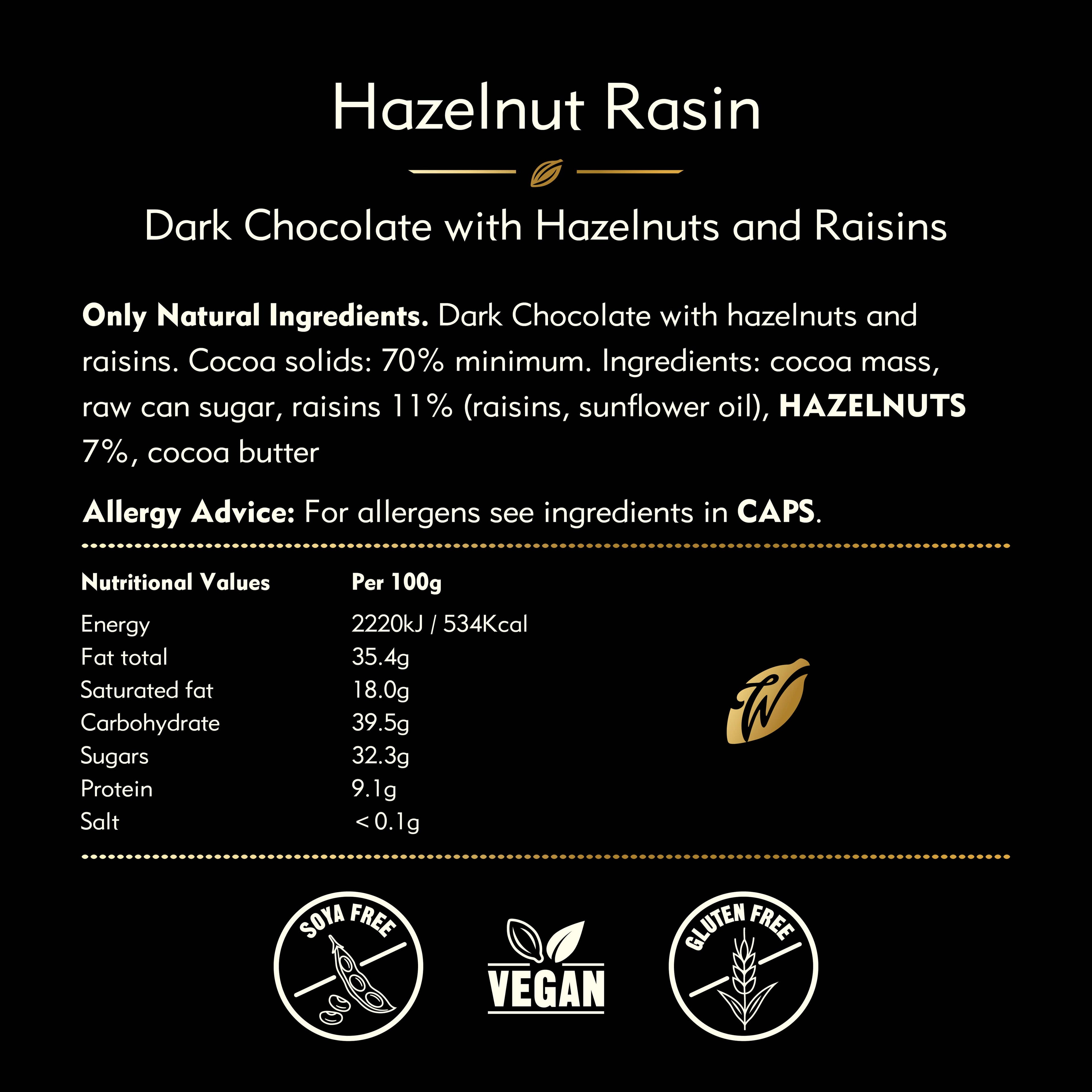 Nutritional information and ingredient list for dark chocolate with hazelnuts and raisins on a black background.