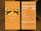 A chocolate bar packaging design shown as a front label and a nutrition facts panel, both in warm orange tones with black text and cocoa bean illustrations. The visible brand is Cacao Adventures.
