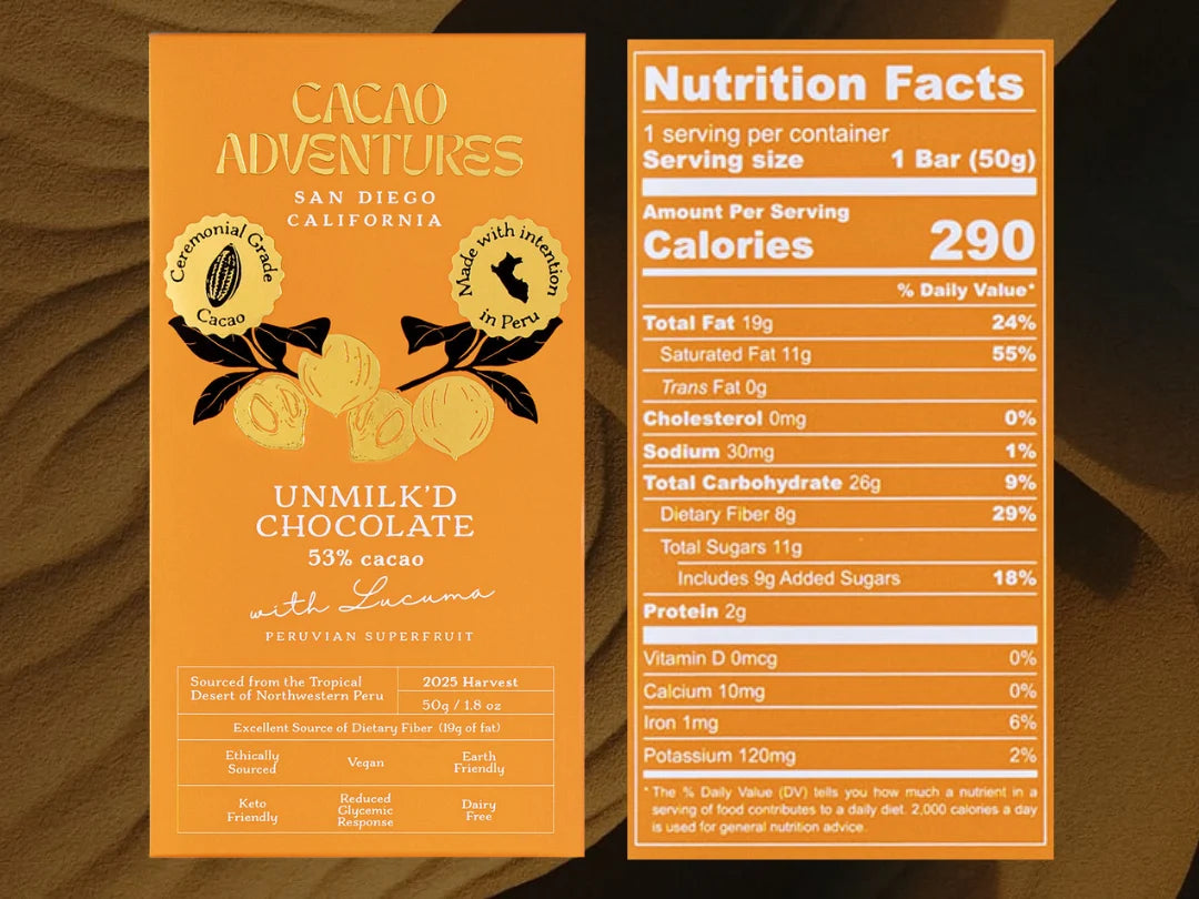 A chocolate bar packaging design shown as a front label and a nutrition facts panel, both in warm orange tones with black text and cocoa bean illustrations. The visible brand is Cacao Adventures.