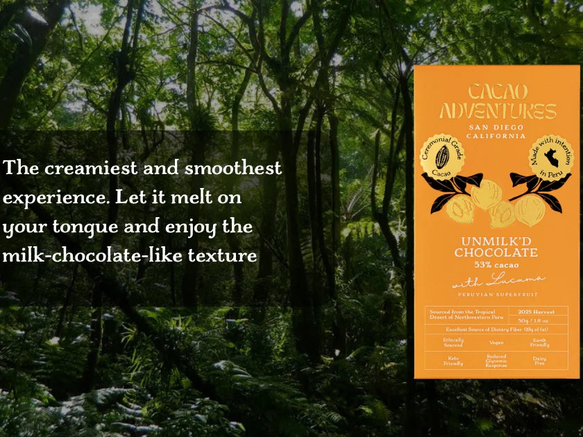 A chocolate bar package labeled 'Cacao Adventures' shown on the right against a dense forest background, with marketing text on the left describing a creamy, smooth chocolate experience.