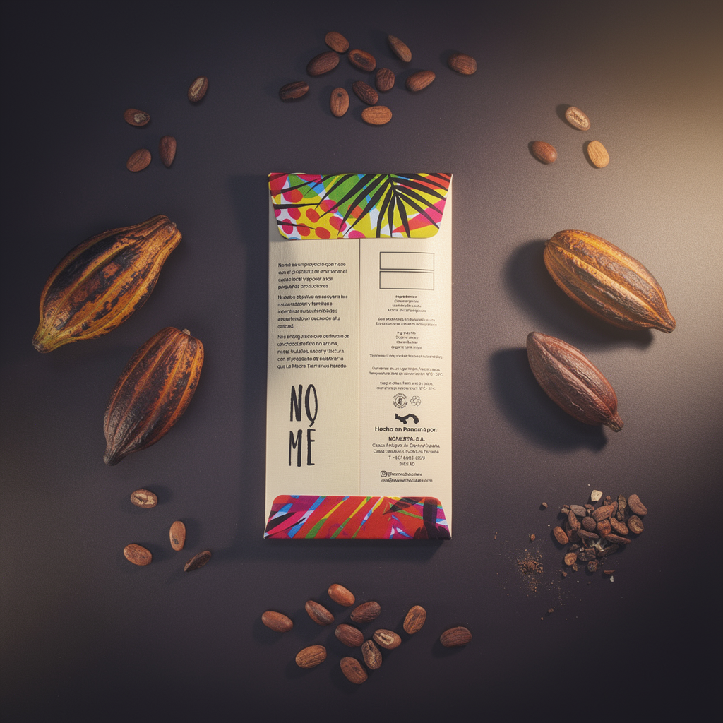 Back of Nome 63% Dark chocolate bar packaging with colorful design on a dark surface with cocoa pods and beans.