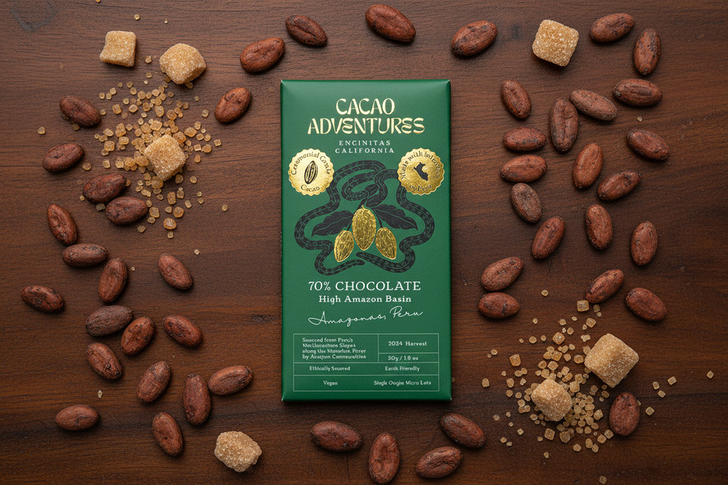 70% Cacao Adventures Dark Chocolate Bar with cacao beans and coconut sugar around it.