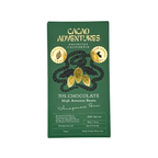 A 70% chocolate bar package from Cacao Adventures, featuring a dark green box with gold foil details, including the brand name, cocoa bean illustrations, and product information, set against a plain white background.