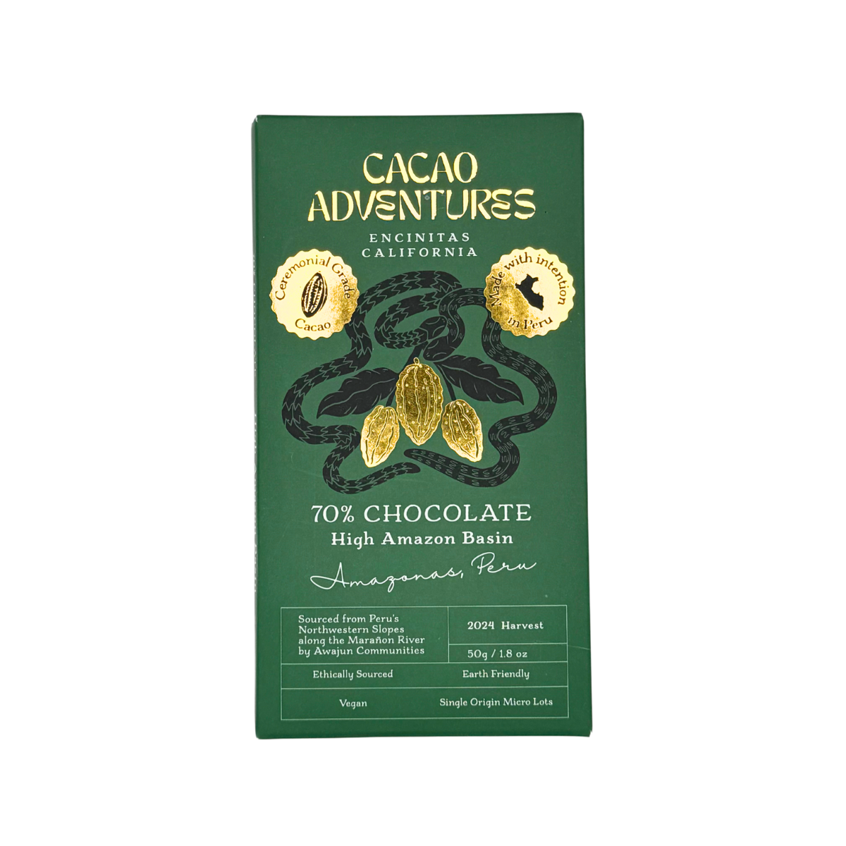 A 70% chocolate bar package from Cacao Adventures, featuring a dark green box with gold foil details, including the brand name, cocoa bean illustrations, and product information, set against a plain white background.