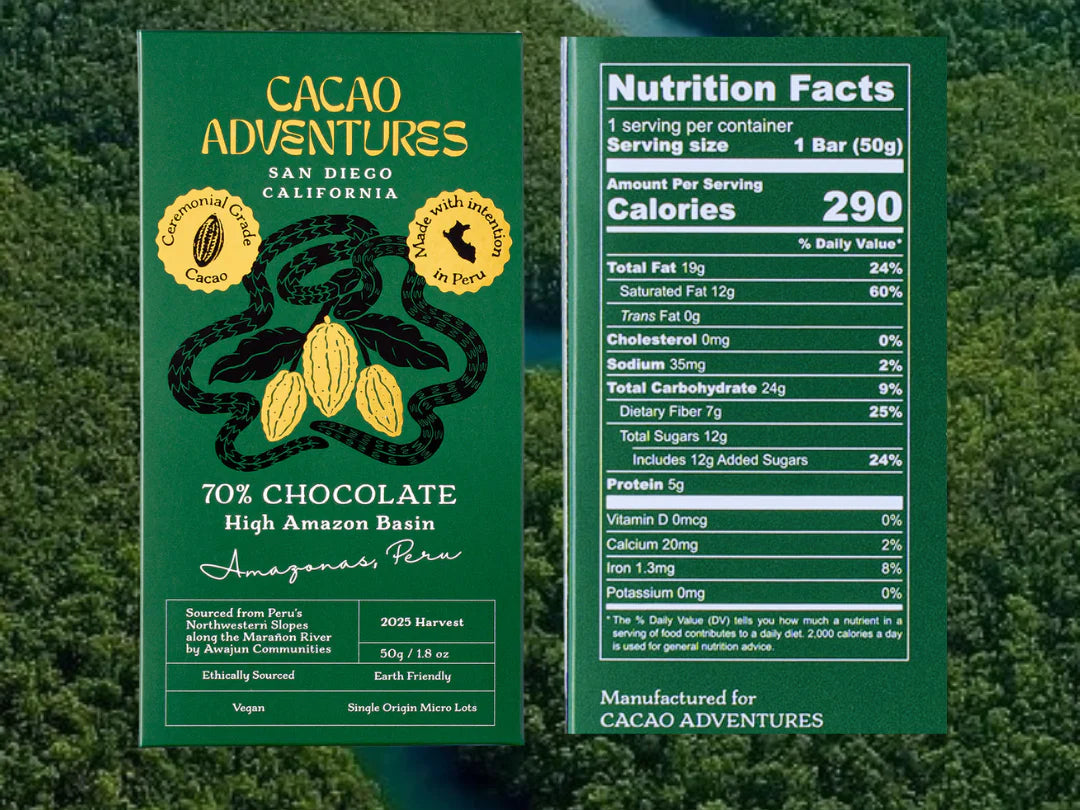 Front and back of a Cacao Adventures chocolate bar package shown side by side against a forest background. The left panel shows the dark green wrapper with yellow and white text and cocoa bean illustrations; the right panel shows the Nutrition Facts label.