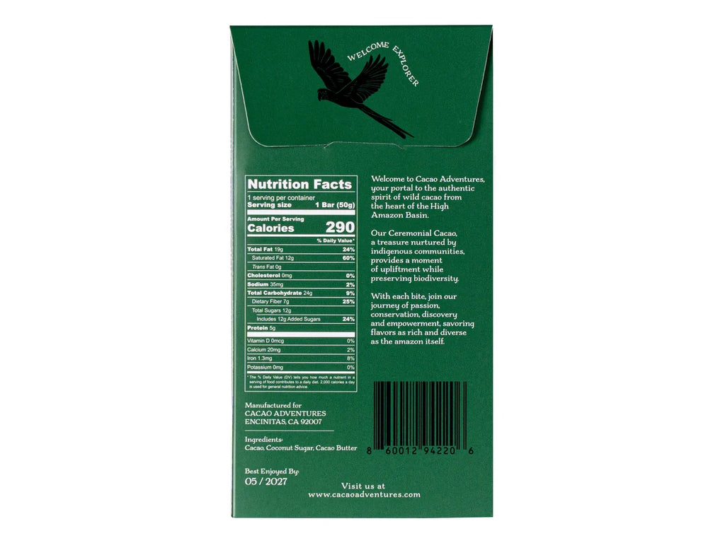 The back of a Cacao Adventures 70% Dark Chocolate Bar, showing the nutrition facts, barcode, and company text on a plain white background.