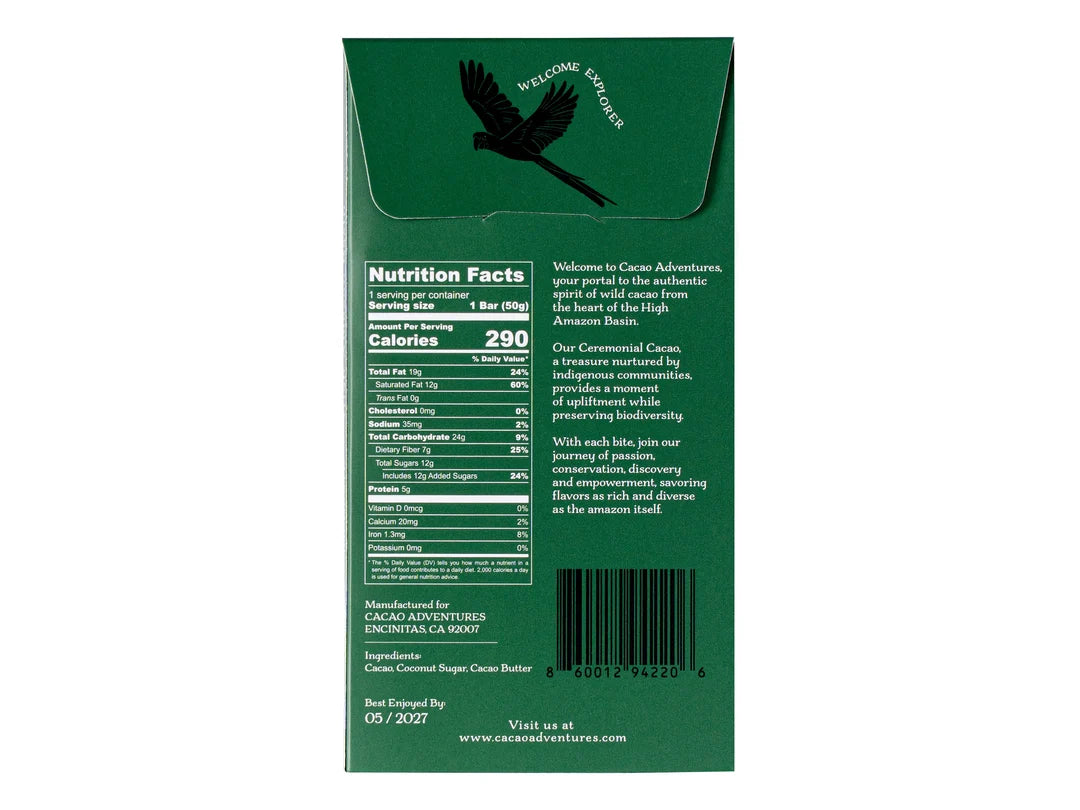 The back of a Cacao Adventures 70% Dark Chocolate Bar, showing the nutrition facts, barcode, and company text on a plain white background.