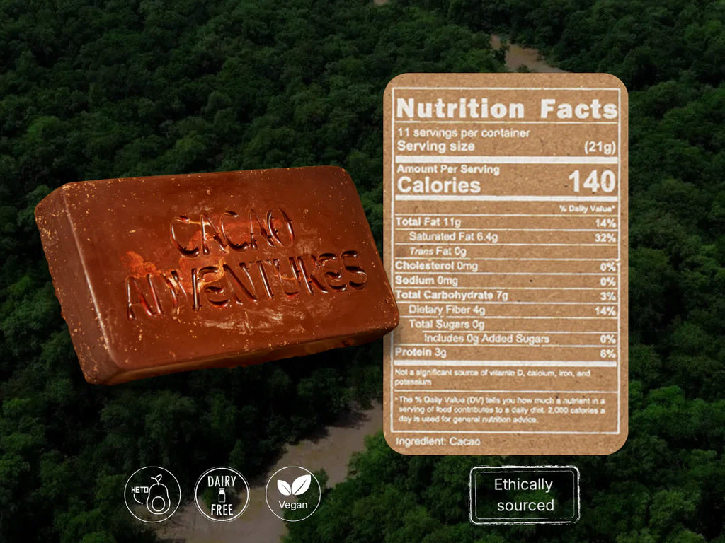 A Ceremonial Cacao Bar embossed with the words 'Cacao Adventure' is shown over an aerial view of a dense green forest. A large brown nutrition facts label is overlaid on the right side, and three small icons at the bottom indicate keto, dairy free, and vegan claims.