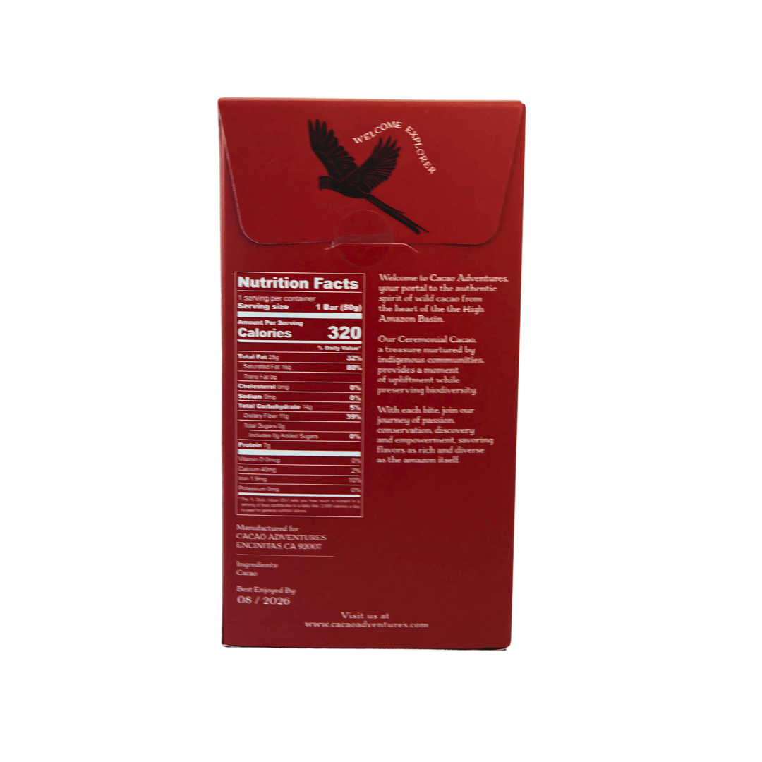 Back of Cacao Adventures 100% Ceremonial Cacao Bar box showing nutrition facts and brand story, High Amazon Peru