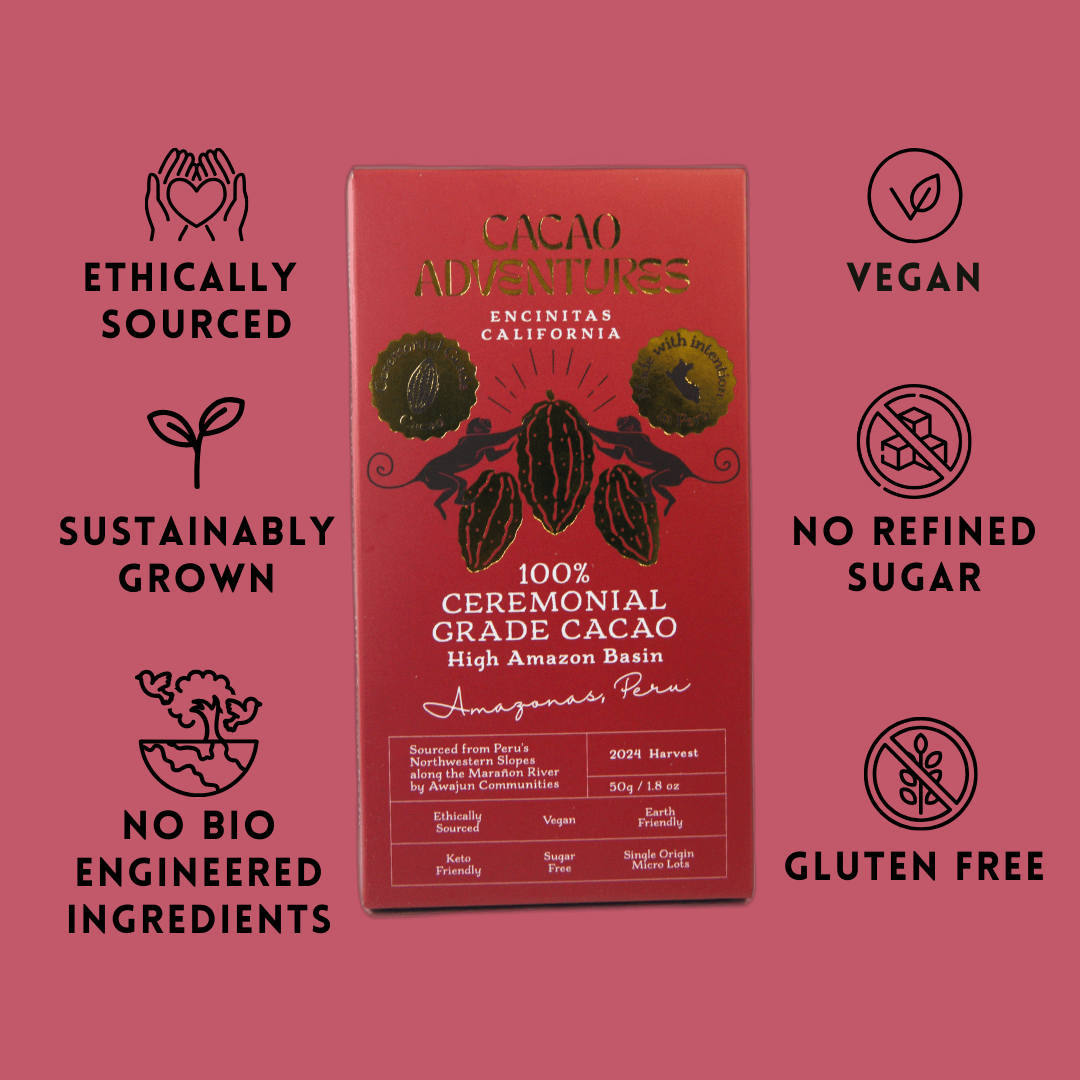Cacao Adventures 100% Ceremonial Cacao Bar with ethically sourced, vegan, sustainably grown, gluten-free, and no refined sugar callouts