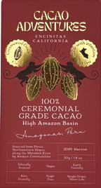 Cacao Adventures 100% Ceremonial Grade Cacao Bar red packaging front on white background, single-origin High Amazon Peru, vegan sugar-free