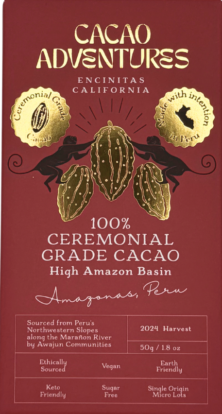Cacao Adventures 100% Ceremonial Grade Cacao Bar red packaging front on white background, single-origin High Amazon Peru, vegan sugar-free
