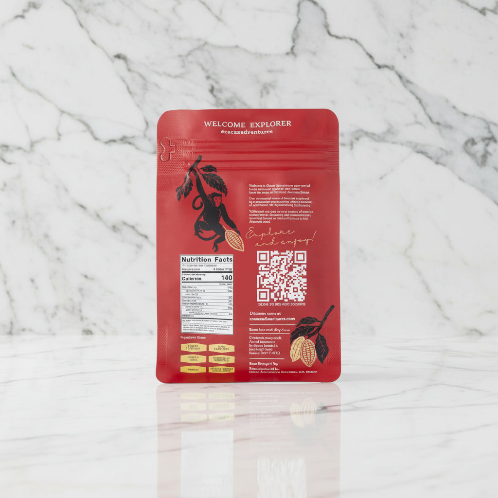 Back of Cacao Adventures Cacao Paste 8oz pouch showing nutrition facts, QR code for recipes, and storage instructions, single-origin High Amazon Peru