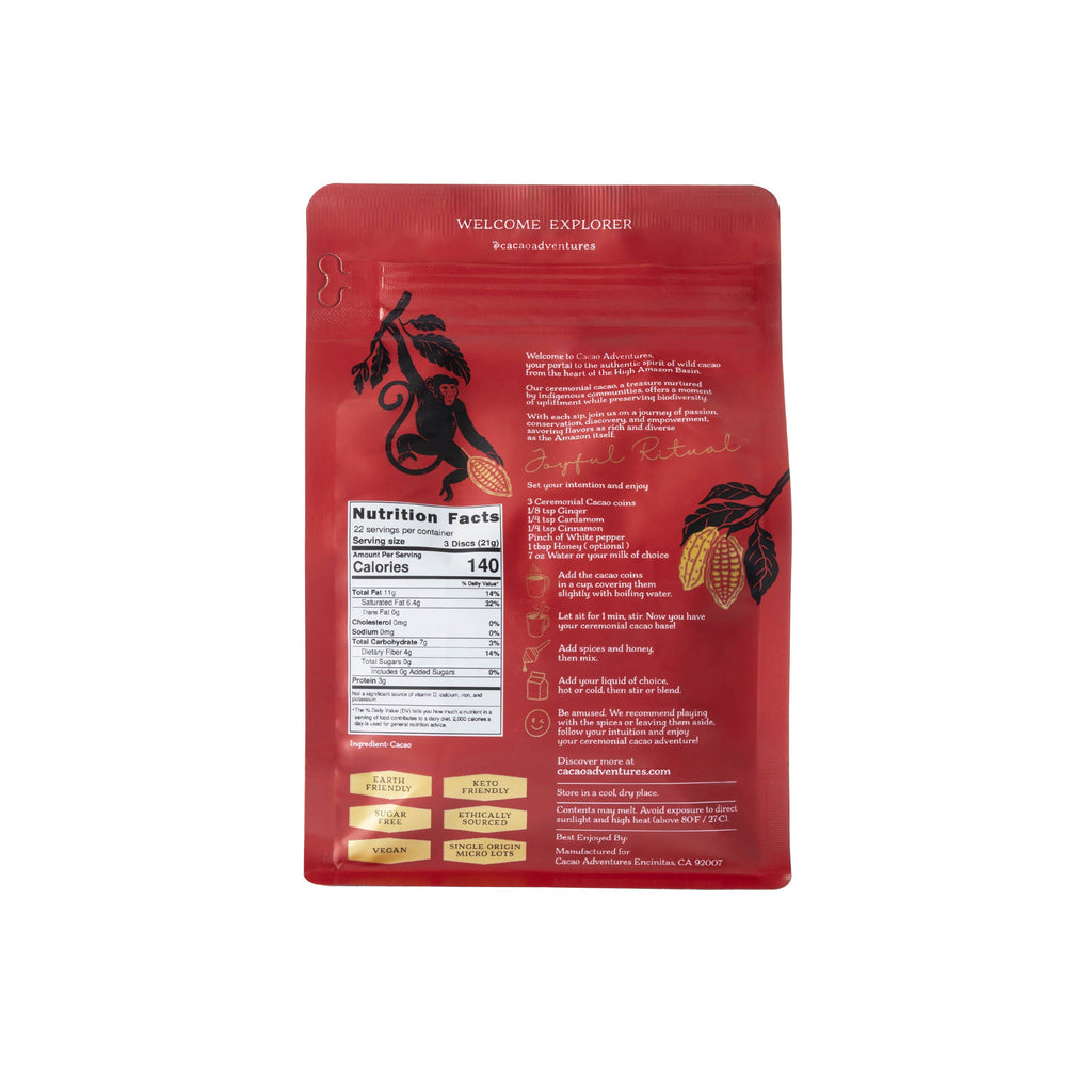 Back of Cacao Adventures Cacao Paste 16oz pouch showing nutrition facts, preparation instructions, and ingredient list, single-origin High Amazon Peru