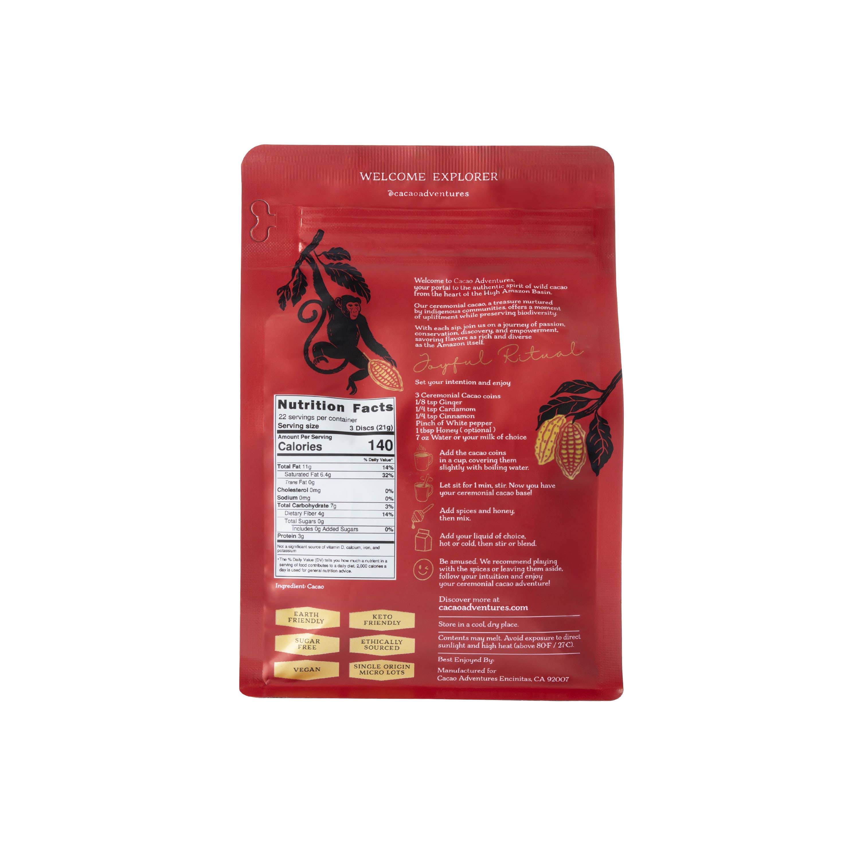 Back of Cacao Adventures Cacao Paste 16oz pouch showing nutrition facts, preparation instructions, and ingredient list, single-origin High Amazon Peru
