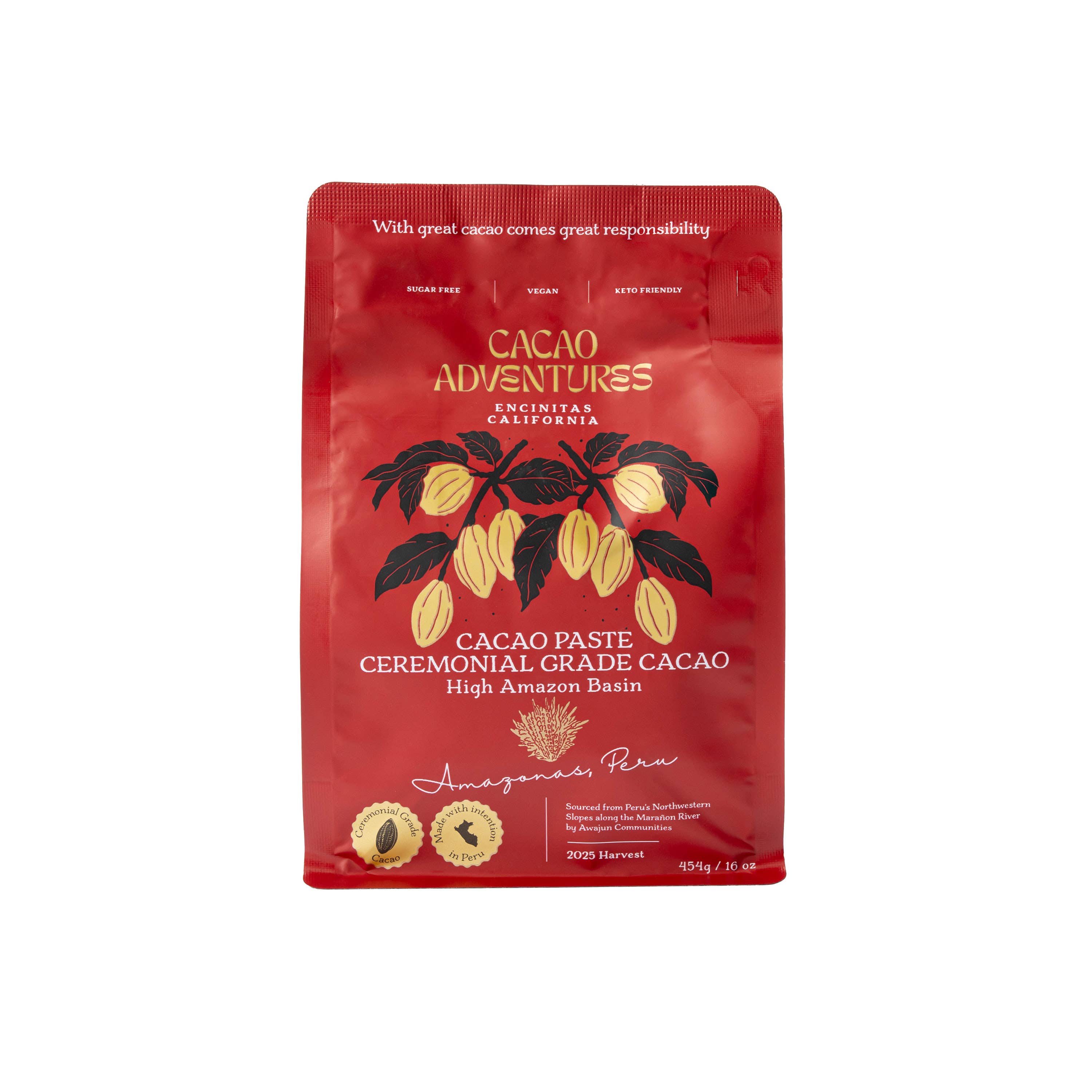 Cacao Adventures Ceremonial Grade Cacao Paste red pouch front, 454g / 16oz, High Amazon Basin Amazonas Peru, sugar-free vegan keto-friendly
