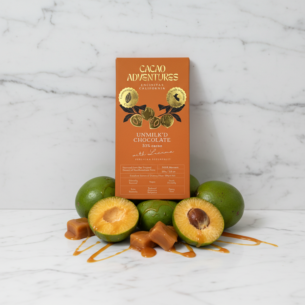Cacao Adventures 53% Unmilk'd Chocolate with Lucuma bar in orange and gold packaging standing upright on white marble, styled with fresh lucuma fruit and caramel