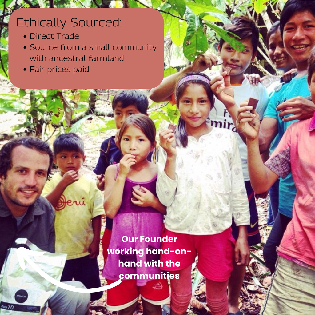 Cacao Adventures founder with local farming community in the High Amazon Peru cacao growing region, direct trade and ethically sourced