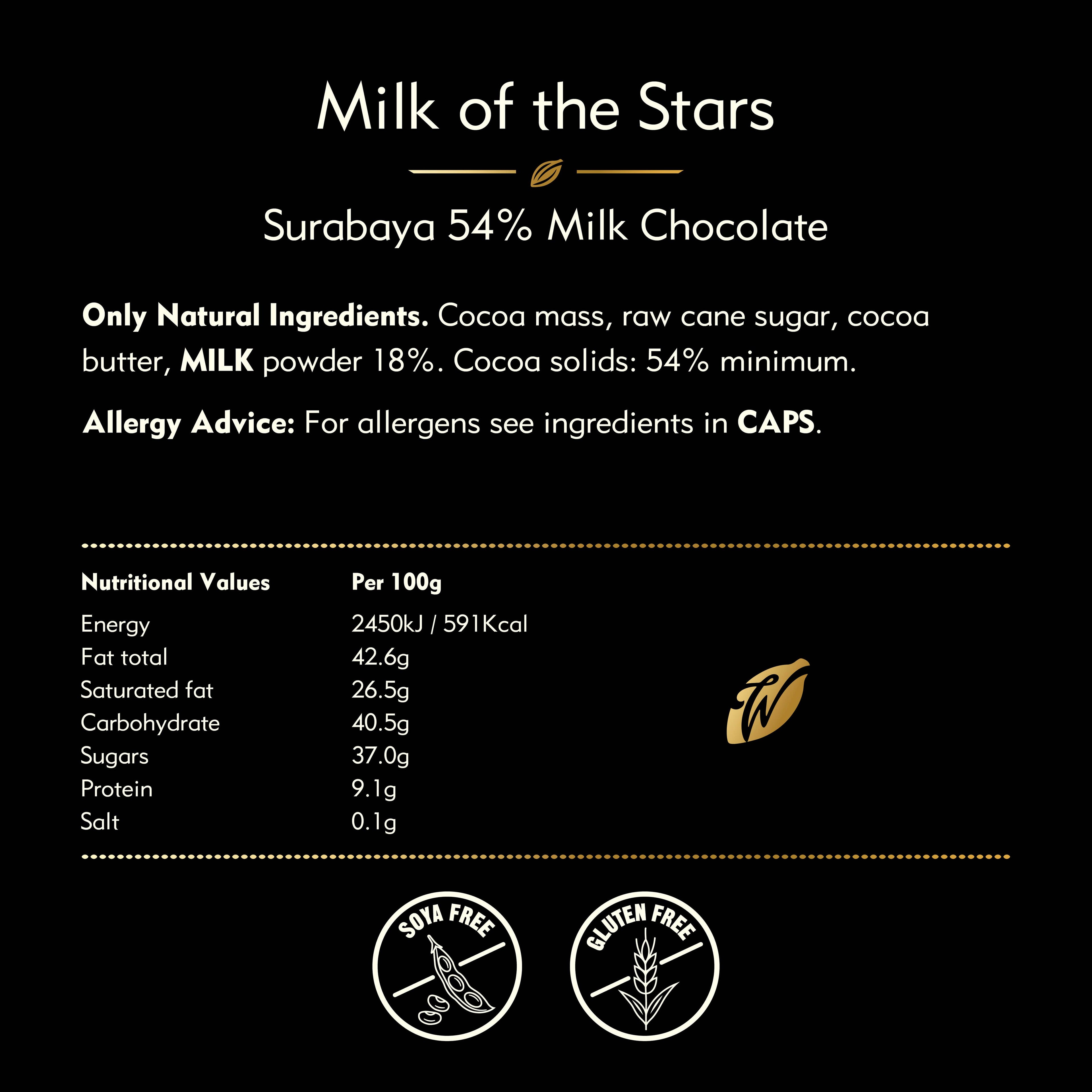 Willie's Cacao Milk of the Stars 54% Milk Chocolate nutrition facts and ingredients label, single-origin Surabaya Indonesia