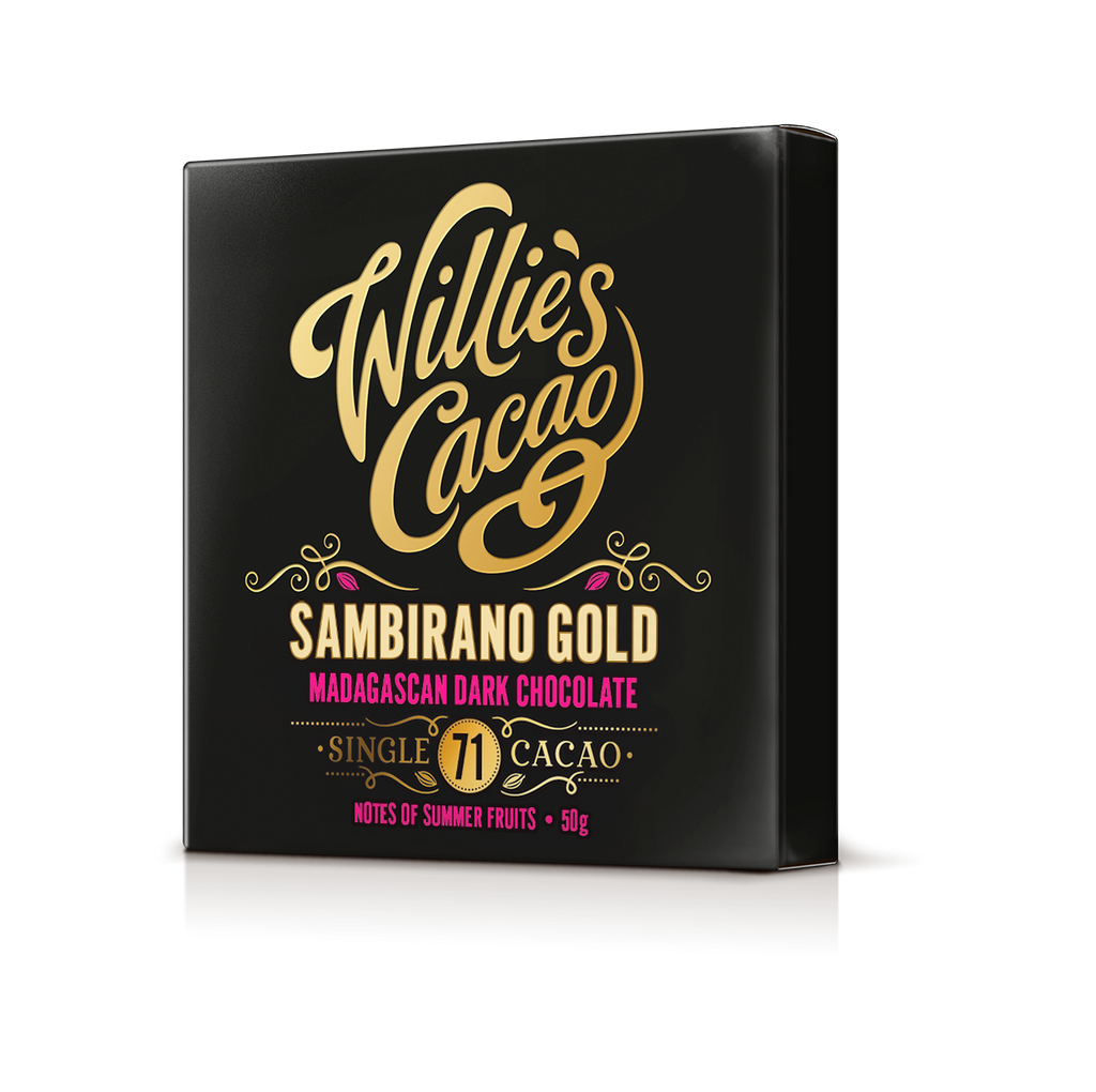 Willie's Cacao Sambirano Gold chocolate packaging on a white background