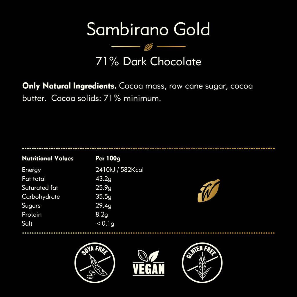 Willie's Cacao Sambirano Gold 71% Dark Chocolate nutrition facts and ingredients label, single-origin Sambirano Valley Madagascar, vegan soya-free gluten-free