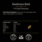 Willie's Cacao Sambirano Gold 71% Dark Chocolate nutrition facts and ingredients label, single-origin Sambirano Valley Madagascar, vegan soya-free gluten-free