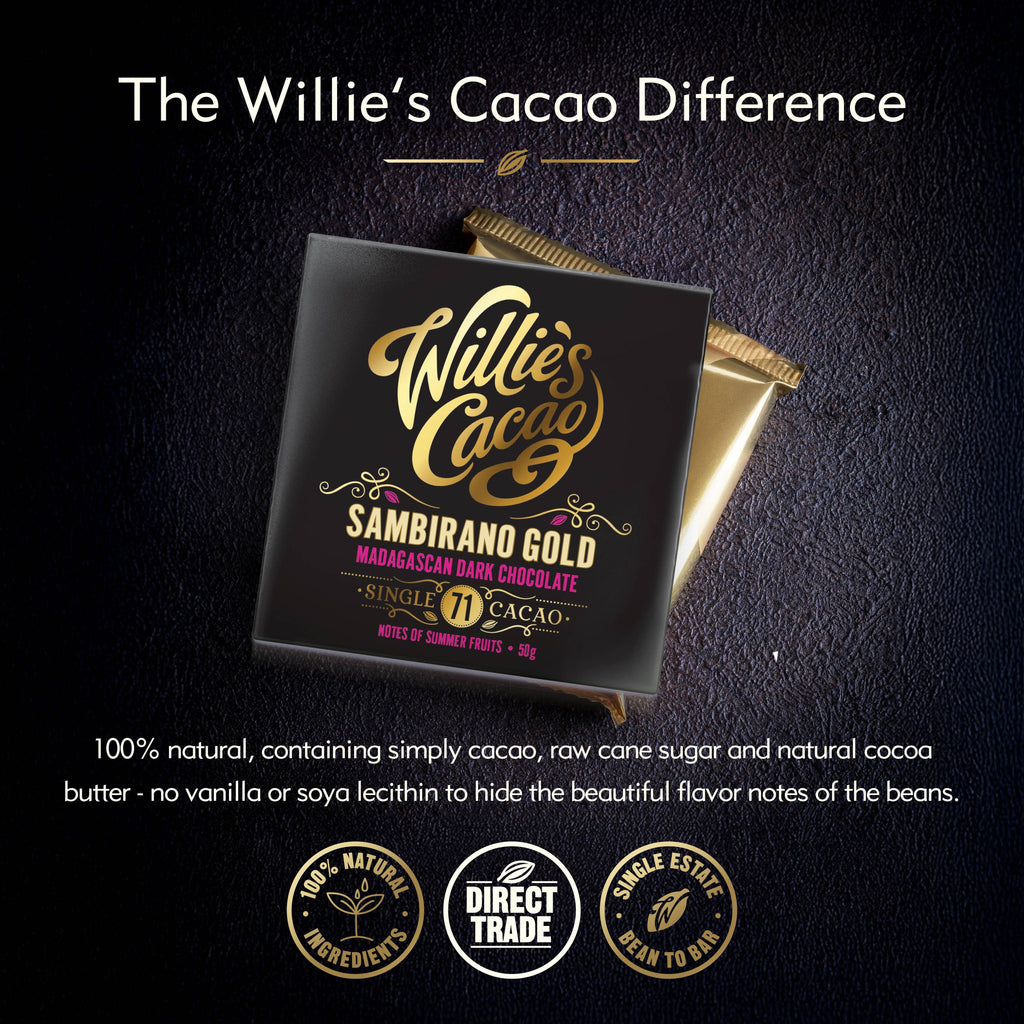 Willie's Cacao Sambirano Gold 71% Madagascar Dark Chocolate packaging and wrapped bar on dark background with lively summer fruit notes