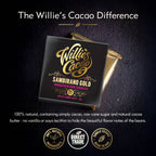 Willie's Cacao Sambirano Gold 71% Madagascar Dark Chocolate packaging and wrapped bar on dark background with lively summer fruit notes