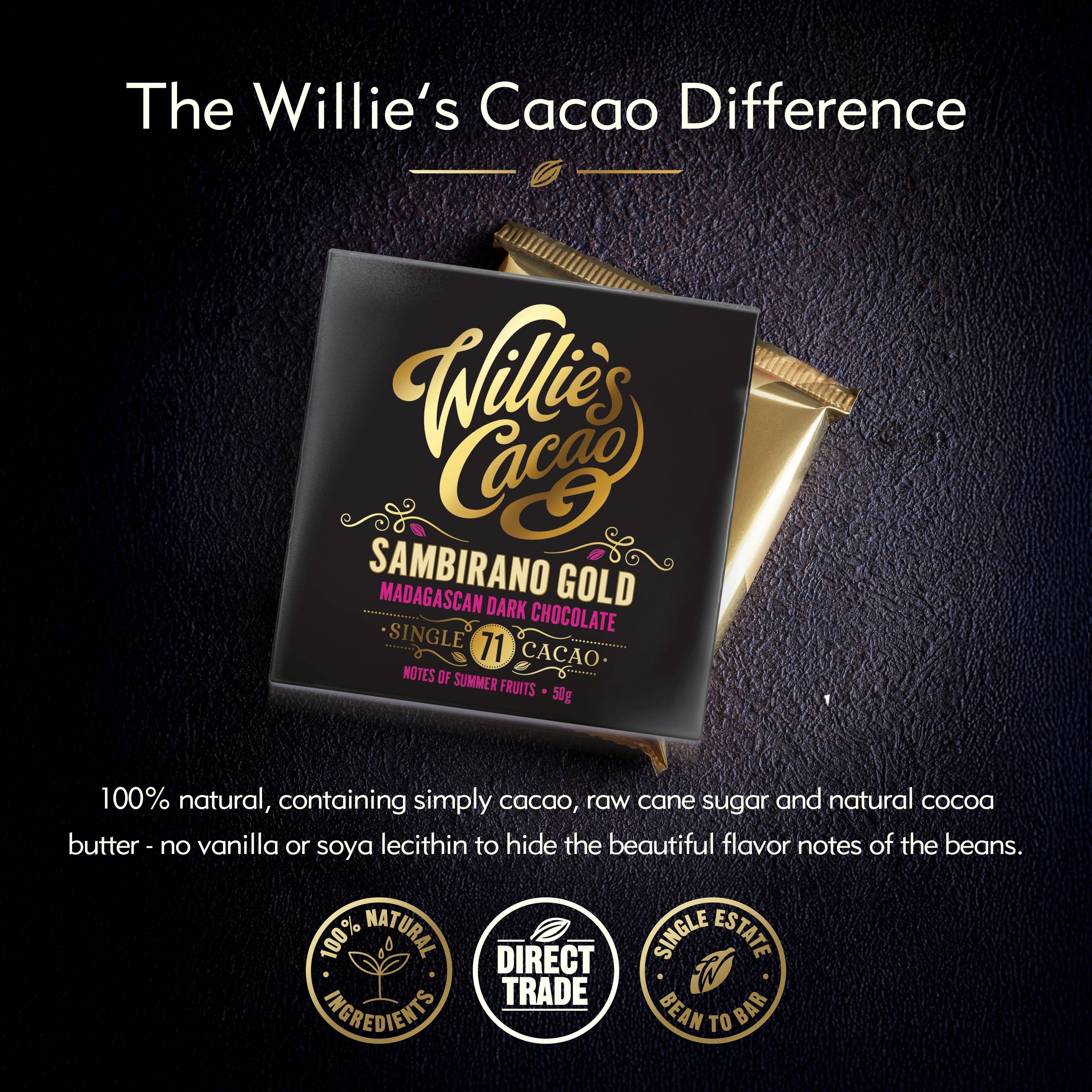 Willie's Cacao Sambirano Gold 71% Madagascar Dark Chocolate packaging and wrapped bar on dark background with lively summer fruit notes