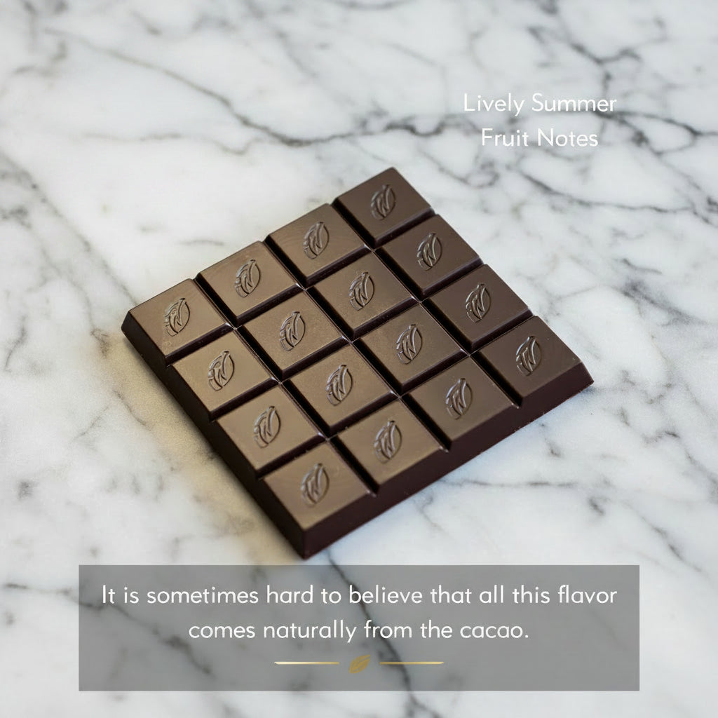 Willie's Cacao 71% Sambirano Gold Madagascar Dark Chocolate bar unwrapped on cacao beans with lively summer fruit notes