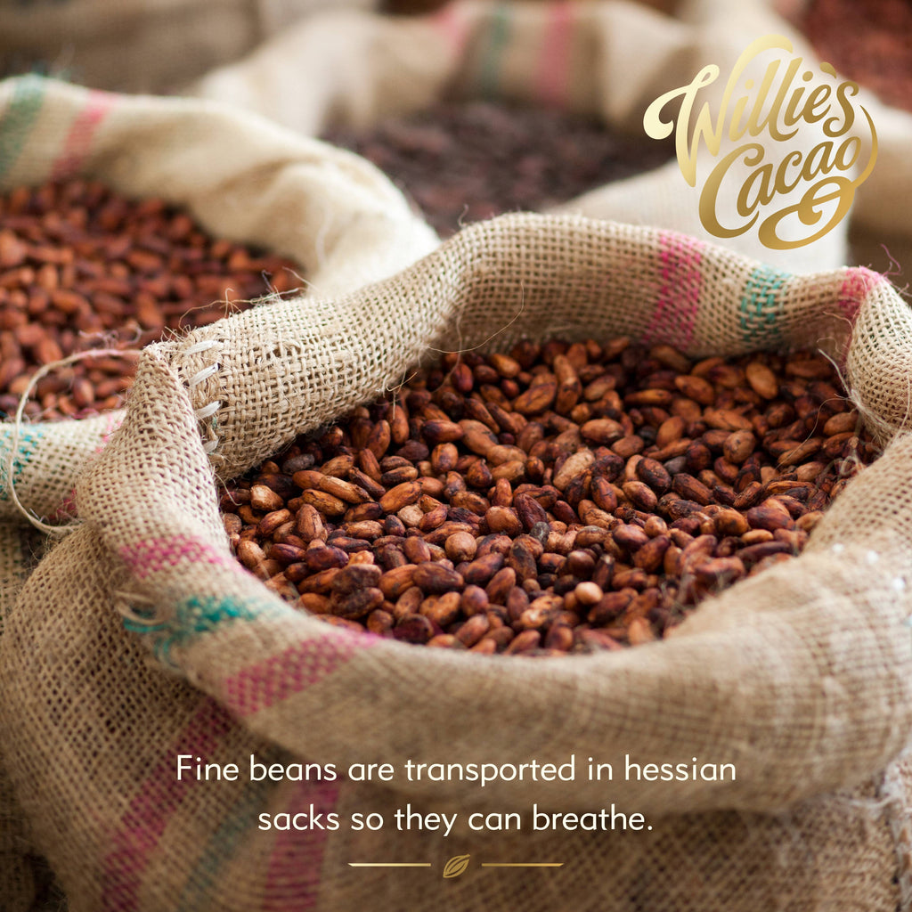 Willie's Cacao single estate cacao beans in hessian sacks, sourced from Surabaya Indonesia